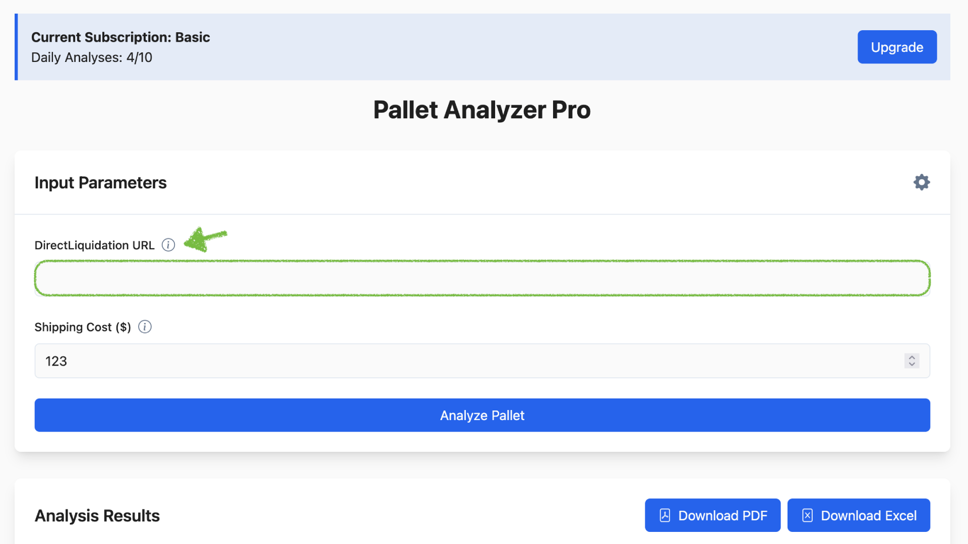 Entering URL in Pallet Analyzer Pro